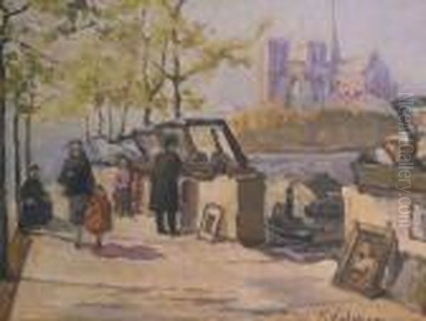  Les Bouquinistes Sur Les Bords De Seine  Oil Painting by Georges Lapchine