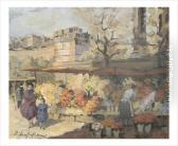 Paris, Le Marche Aux Fleurs A La Madeleine Oil Painting by Georges Lapchine