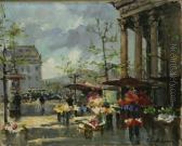 Flower Sellers At La Madeleine, Paris Oil Painting by Georges Lapchine