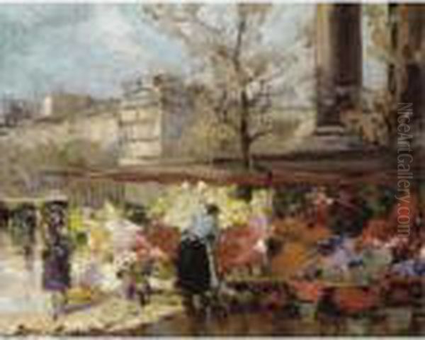 Flower Seller At La Madeleine, Paris Oil Painting by Georges Lapchine