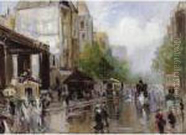 A Busy Street, Paris Oil Painting by Georges Lapchine