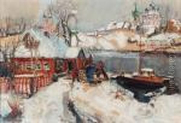 Russian Town In Winter Oil Painting by Georges Lapchine