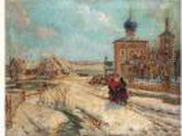 Deux Femmes Dans Un Village Enneige Oil Painting by Georges Lapchine