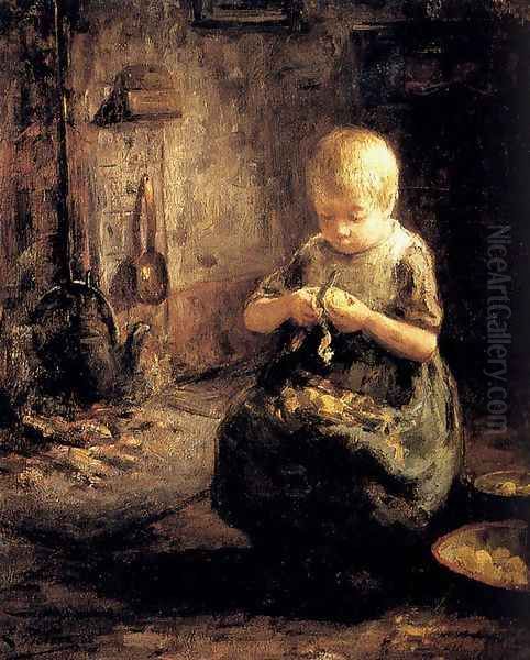 A Child Peeling Potatoes Oil Painting by Evert Pieters