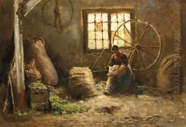 Wolkamster A peasantwoman combing wool Oil Painting by Evert Pieters