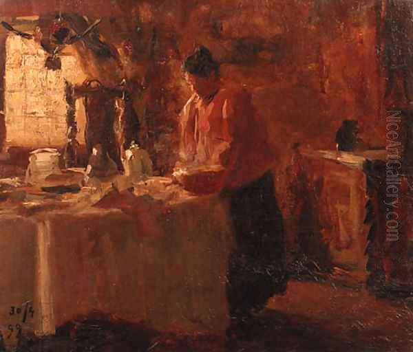 Woman in a Dutch interior setting the table Oil Painting by Evert Pieters