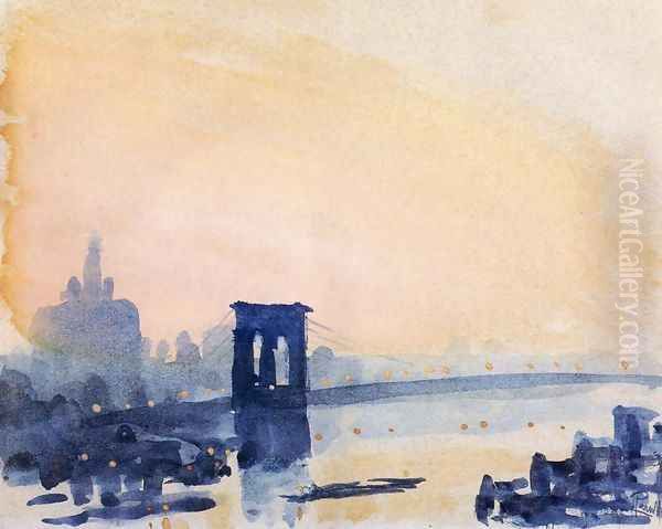 Brooklyn Bridge, Lighting Up Oil Painting by Joseph Pennell