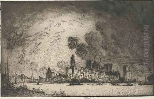 New York, from Brooklyn, 1915 Oil Painting by Joseph Pennell