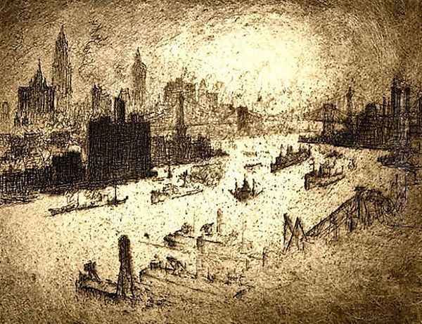 Sunset from Williamsburg Bridge, 1915 Oil Painting by Joseph Pennell