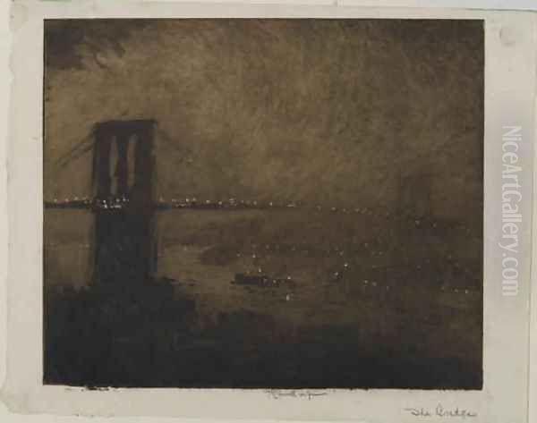 Brooklyn Bridge at Night, 1922 Oil Painting by Joseph Pennell