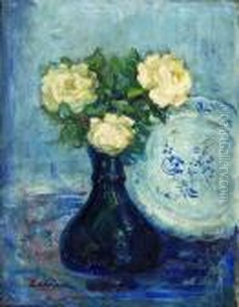 Nature Morte Au Plat De Faience Et Aux Roses Blanches. Oil Painting by Pierre Laprade