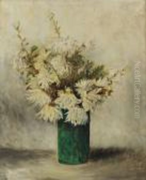 Bouquet De Chrysanthemes Dans Un Vase En Verre Vert Oil Painting by Pierre Laprade