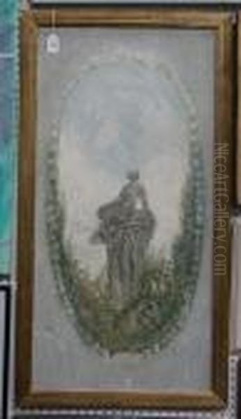 Study Of A Statue In A Garden Within A Feigned Oval Oil Painting by Pierre Laprade