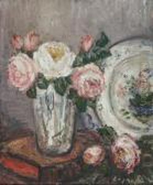 Bouquet De Roses Et Plat De Faience Oil Painting by Pierre Laprade