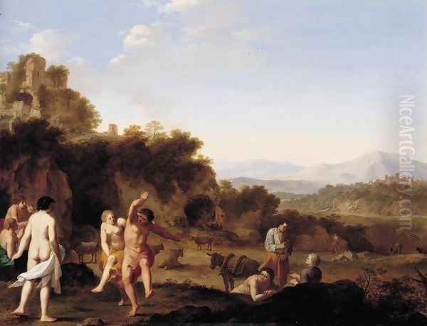 Italianate Landscape with Dancing Figures Oil Painting by Cornelis Van Poelenburgh