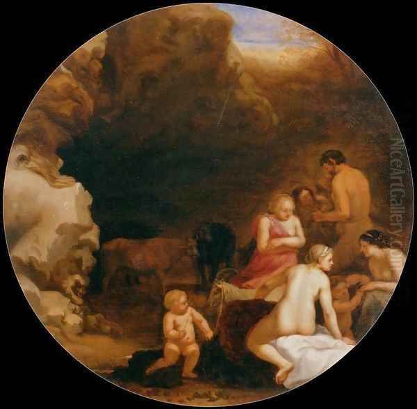 Nymphs and Satyrs at the Entrance of a Grotto Oil Painting by Cornelis Van Poelenburgh