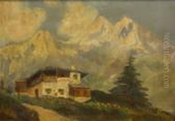 Alpine Scene With Chalet by Oskar Laske