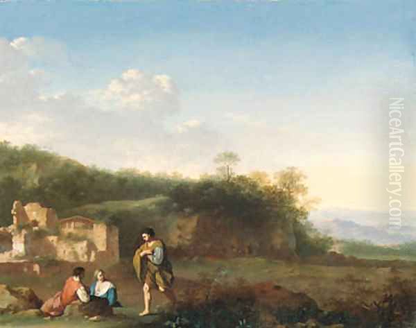 An Italianate landscape with peasants resting in the foreground, a ruined villa beyond Oil Painting by Cornelis Van Poelenburgh