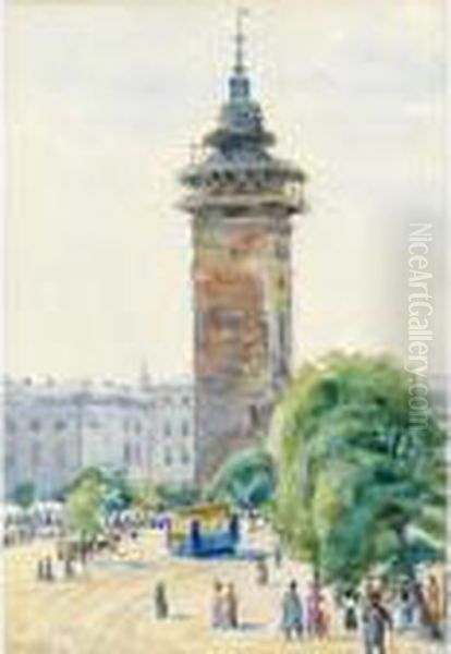 A Town View With A Tram And A Tower Oil Painting by Oskar Laske