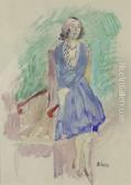 Dame In Blauem Kleid Oil Painting by Oskar Laske