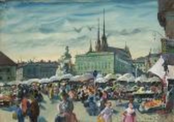 A Busy Market Scene In Brunn Oil Painting by Oskar Laske