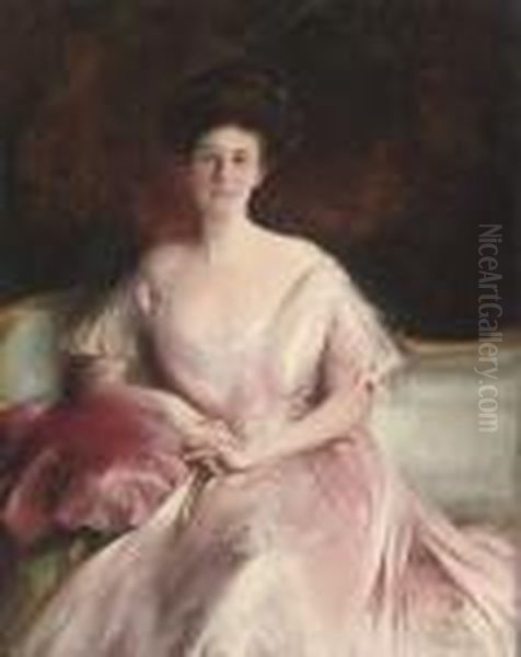 Portrait Of Miss Baird, Seated Half-length, In A Pink Dress Oil Painting by Philip Alexius De Laszlo