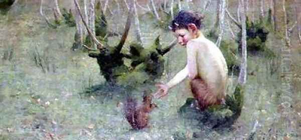 A Faun Feeding a Squirrel Oil Painting by Marianne Preindelsberger Stokes