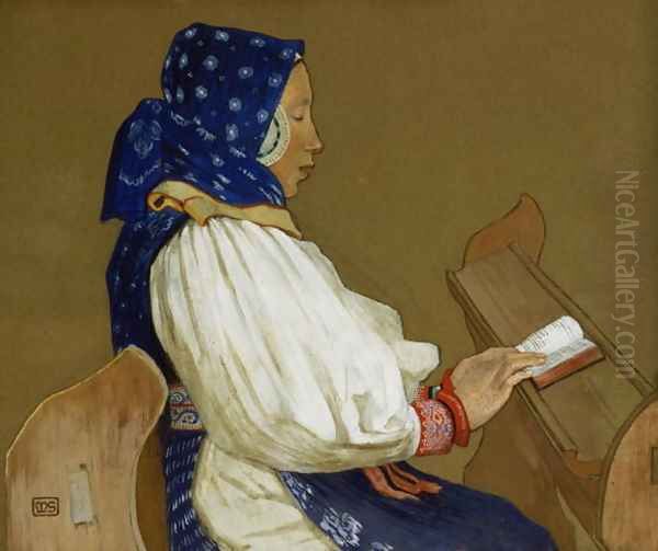 A Slovak Woman at Prayer, Vazcecz, Hungary, 1907 Oil Painting by Marianne Preindelsberger Stokes