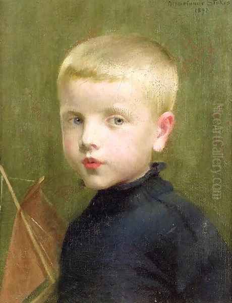 Portrait of a Boy with a Model Sailing Boat, 1893 Oil Painting by Marianne Preindelsberger Stokes