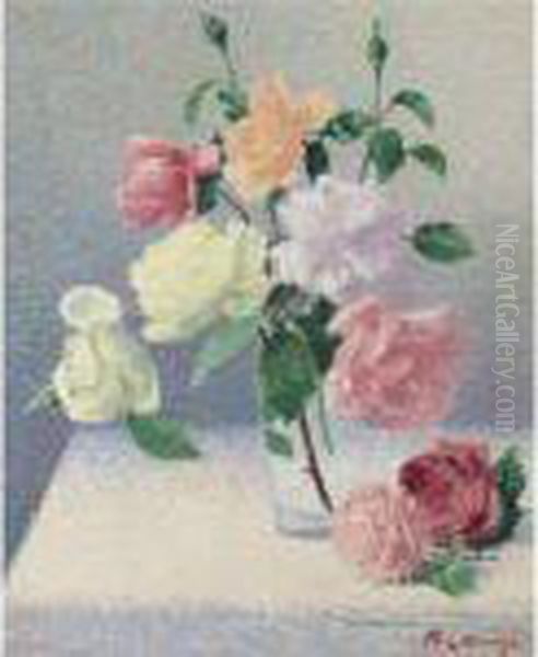 Bouquet De Roses Dans Un Verre Oil Painting by Achille Lauge