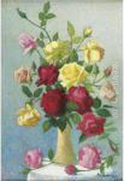 Vase Of Roses Oil Painting by Achille Lauge