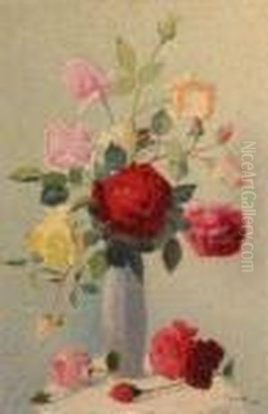 Vase De Roses Oil Painting by Achille Lauge