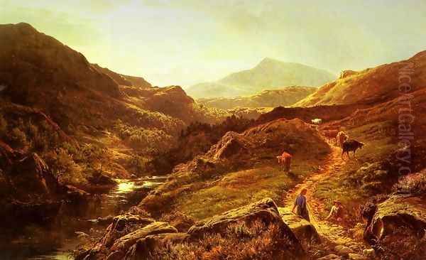 Moel Siabod from Glyn Lledr, with Figures and Cattle on a Riverside Path Oil Painting by Sidney Richard Percy