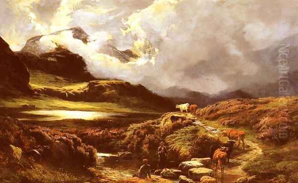 Cattle and Drovers on a Path, Styhead Pass, Cumberland Oil Painting by Sidney Richard Percy