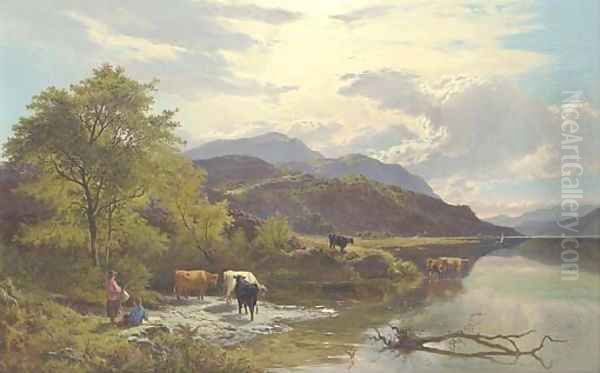 Mountain landscape with figures and cattle by a lake Oil Painting by Sidney Richard Percy