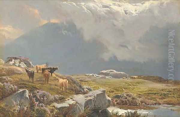 Highland cattle in a mountainous landscape Oil Painting by Sidney Richard Percy