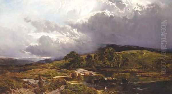 Figures resting by a river with cattle watering, an approaching storm beyond Oil Painting by Sidney Richard Percy