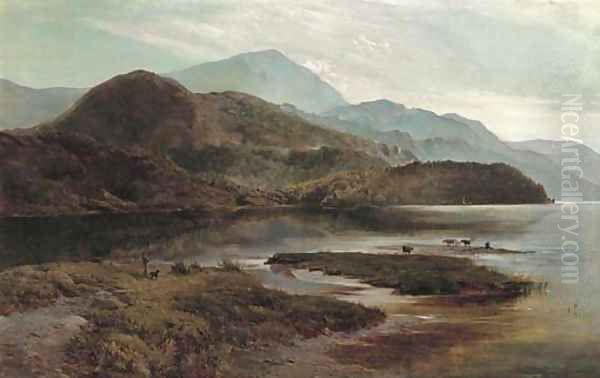 Cattle watering in a mountainous landscape Oil Painting by Sidney Richard Percy