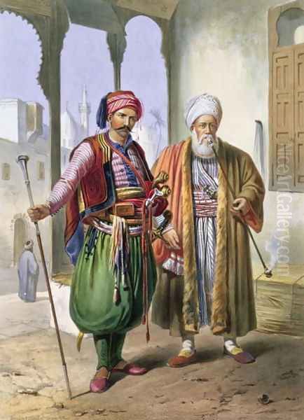 A Janissary and a Merchant in Cairo, illustration from The Valley of the Nile, engraved by Charles Bour 1814-81 pub. by Lemercier, 1848 Oil Painting by Emile Prisse d'Avennes