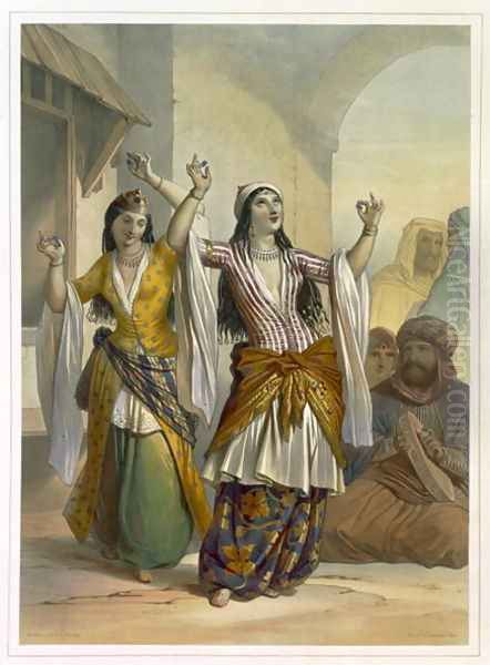 Egyptian Dancing Girls Performing the Ghawazi at Rosetta, illustration from The Valley of the Nile, engraved by Achille Deveria 1800-57 pub. by Lemercier, 1848 Oil Painting by Emile Prisse d'Avennes