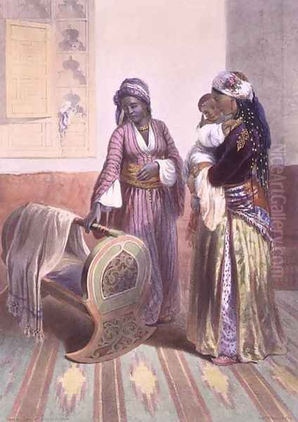 Egyptian Mother and Child with a Habesh, or Abyssinian Slave, illustration from The Valley of the Nile, engraved by Mouilleron, pub. by Lemercier, 1848 Oil Painting by Emile Prisse d'Avennes