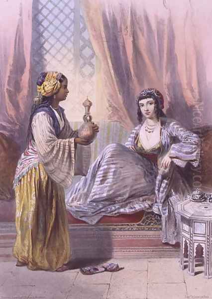 A Cairene Woman waited upon by a Galla Slave Girl, illustration from The Valley of the Nile, engraved by Mouilleron, pub. by Lemercier, 1848 Oil Painting by Emile Prisse d'Avennes