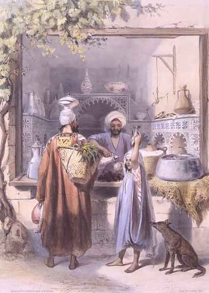 A Zeyat or Oil Seller with Customers in his Shop in Cairo, illustration from The Valley of the Nile, engraved by Mouilleron, pub. by Lemercier, 1848 Oil Painting by Emile Prisse d'Avennes