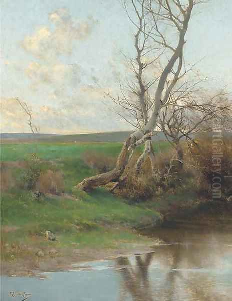 Birch treees on the riverbank Oil Painting by Francois Perrier