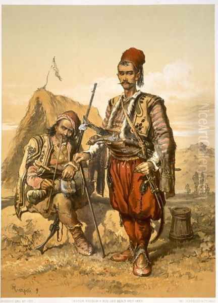 Turkish foot soldiers in the Ottoman army, pub. by Lemercier, c.1857 Oil Painting by Amadeo Preziosi