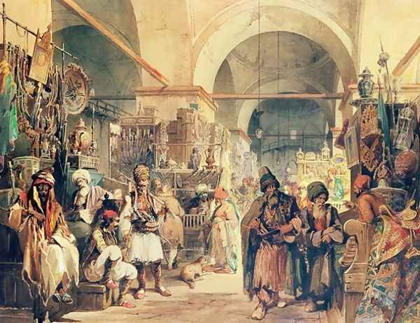 A Turkish Bazaar, 1854 Oil Painting by Amadeo Preziosi