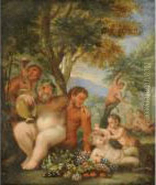 Putti E Bacco Oil Painting by Cirlce Of Filippo Lauri