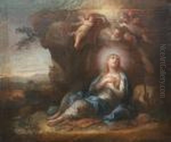 Depictingmary Magdalene With Cherubs In A Landscape Oil Painting by Cirlce Of Filippo Lauri