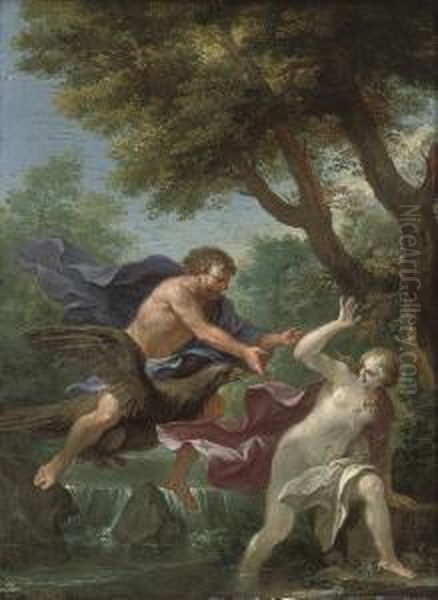 A Wooded River Landscape With Jupiter Chasing A River Nymph Oil Painting by Cirlce Of Filippo Lauri