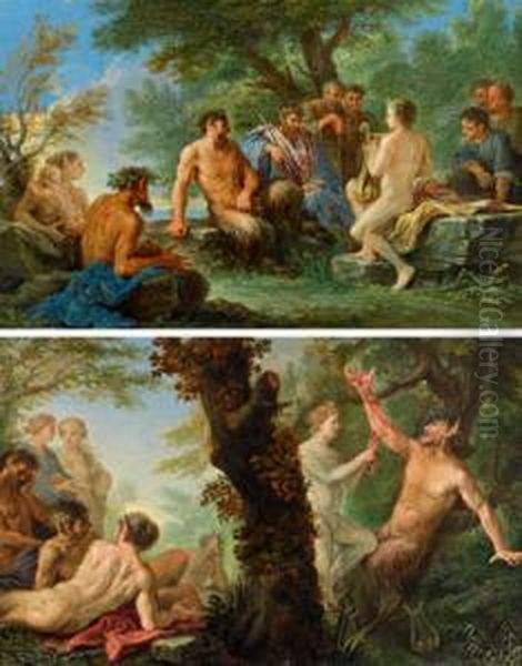 Due Scene Mitologiche: La Contesa Fra Apollo E Il Satiro Marsia; Apollo Scuoia Marsia Oil Painting by Cirlce Of Filippo Lauri